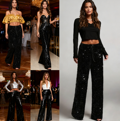 💖Christmas Great Deal 50% OFF🥰Women's Sequin Sparkle Wide Leg Pants with Elastic Waistband