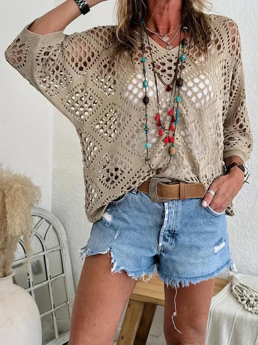 🔥💐SPRING DAY SALE - ONLY £19.99!!⚡50K+ SOLD!✨Womens Bohemian-Inspired Beige Crochet Top with V-Neck
