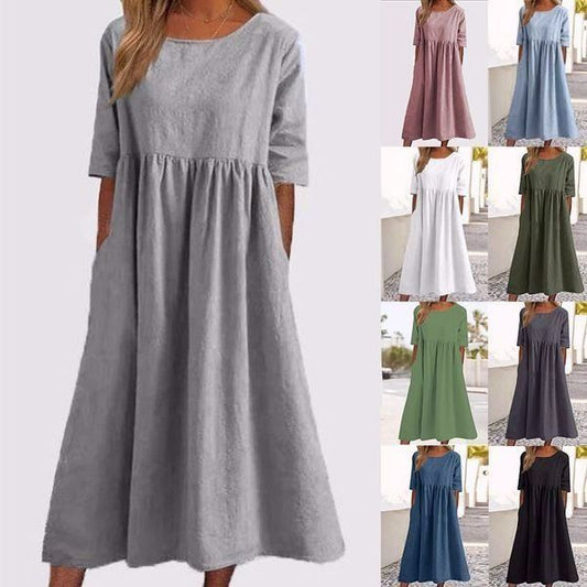 🔥Women's Casual Crew Neck Pocket Smocked Cotton Dress