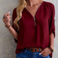 Plus Size Loose  3/4 Sleeve Zipper Blouse