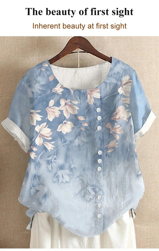 Cotton and linen fashion printing ladies short-sleeved shirt