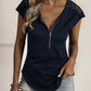 Round neck half zip panel lace short sleeve t-shirt