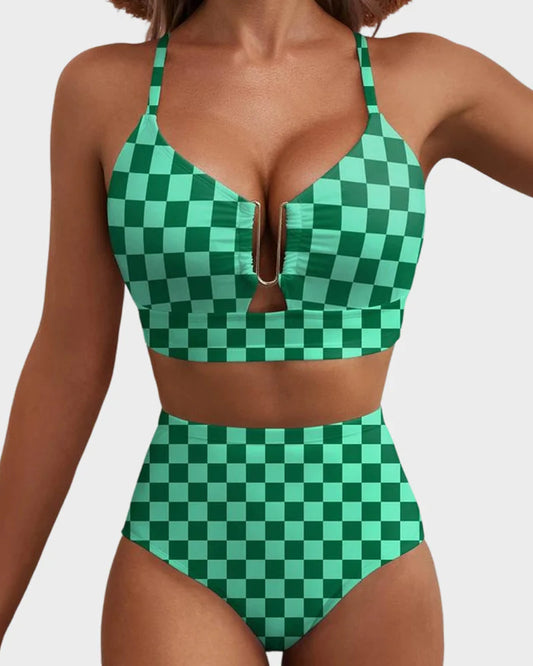 2026 NEW 👙V-NECK PRINTED HIGH-WAISTED TWO-PIECE SWIMSUIT