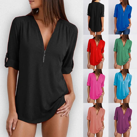 Plus Size Loose  3/4 Sleeve Zipper Blouse