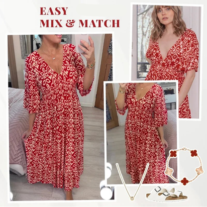 🔥Vacation Casual Print V-Neck Waist Wrap Long Dress - FREE SHIPPING