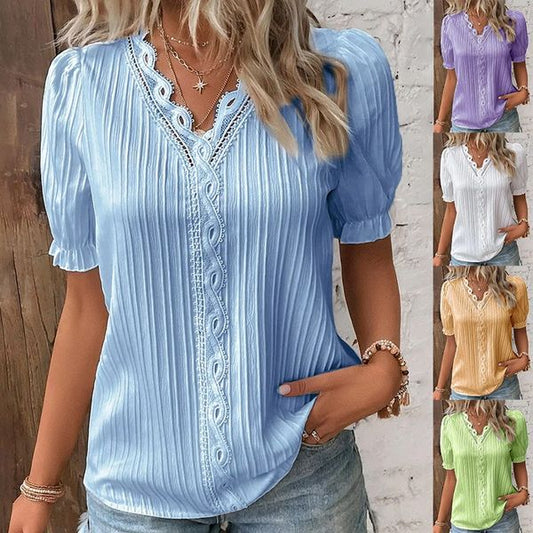 V Neck Plain Lace Elegant Shirt