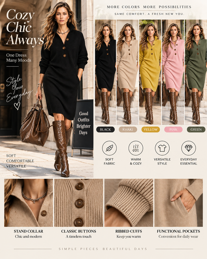 🔥 HALF PRICE 👗 Casual Knitted Stand Collar Long Dress With Pockets