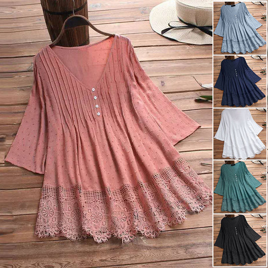 🌸🔥New solid color hollow lace women's shirt