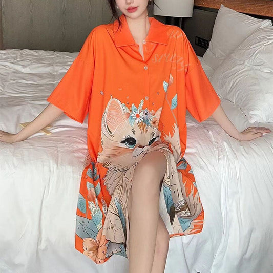 🔥MORE STYLES - 49% OFF😻Thin Mid-Length Cat Pajama Dress