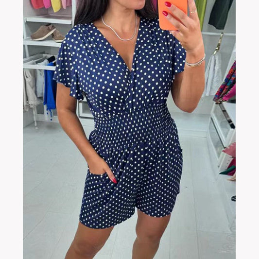 🏆Polka Dot V-Neck One-piece Shorts Jumpsuit