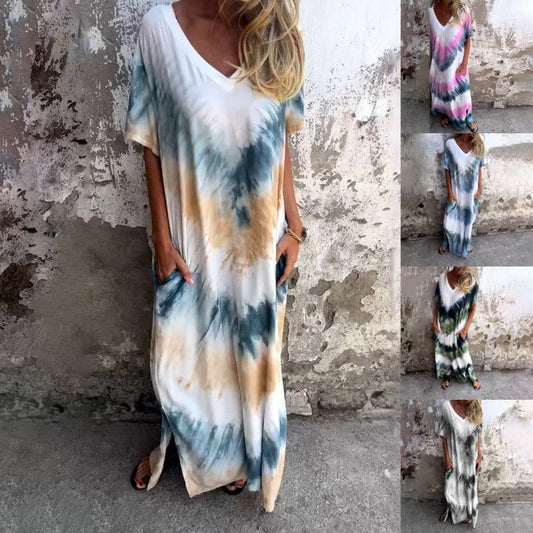 Casual Loose Printed V-Neck Long Dress