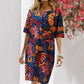 Floral print retro short sleeve dress with round neckline