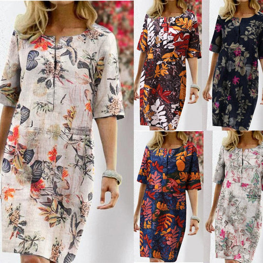 Floral print retro short sleeve dress with round neckline