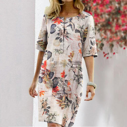 Floral print retro short sleeve dress with round neckline