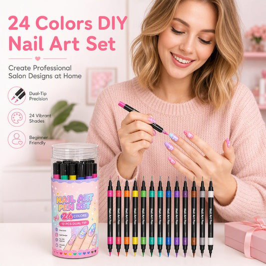 📢📢LAST DAY SALE ONLY ￡7.99!!💕12Pcs Dual-Tip Nail Art Pens Set (24 Colours) – Precision Fine Liner Markers for DIY Nail Design