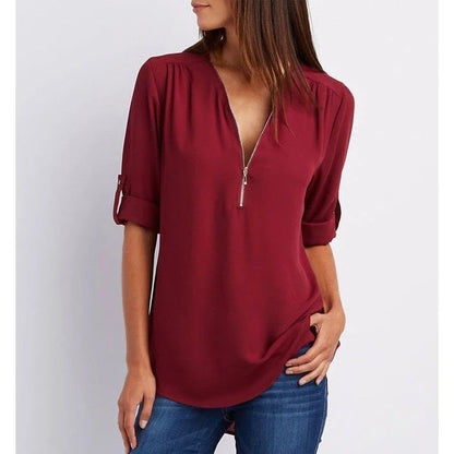 Plus Size Loose  3/4 Sleeve Zipper Blouse